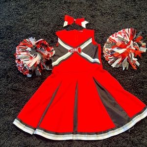 SPIRIT Red Silver Black White Cheerleader Outfit Costume w/Pom Poms. Child XL